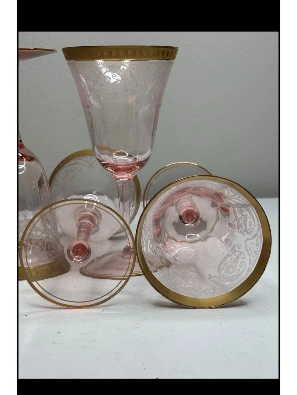 Cambridge Crystal Etch 704 Gold Encrusted Pink Wine Glass set of 6
